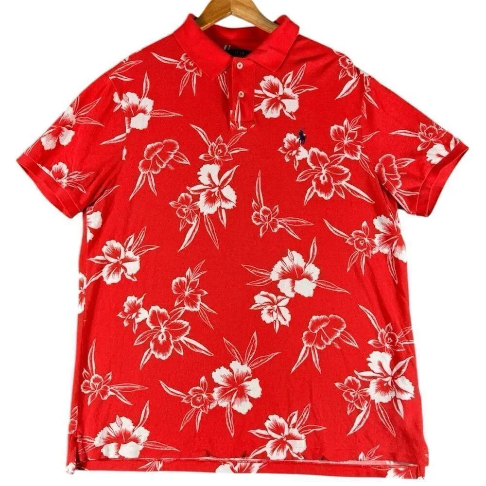 Polo Ralph Lauren Sz XL Mesh Custom Slim Fit French Floral Red White Polo Shirt